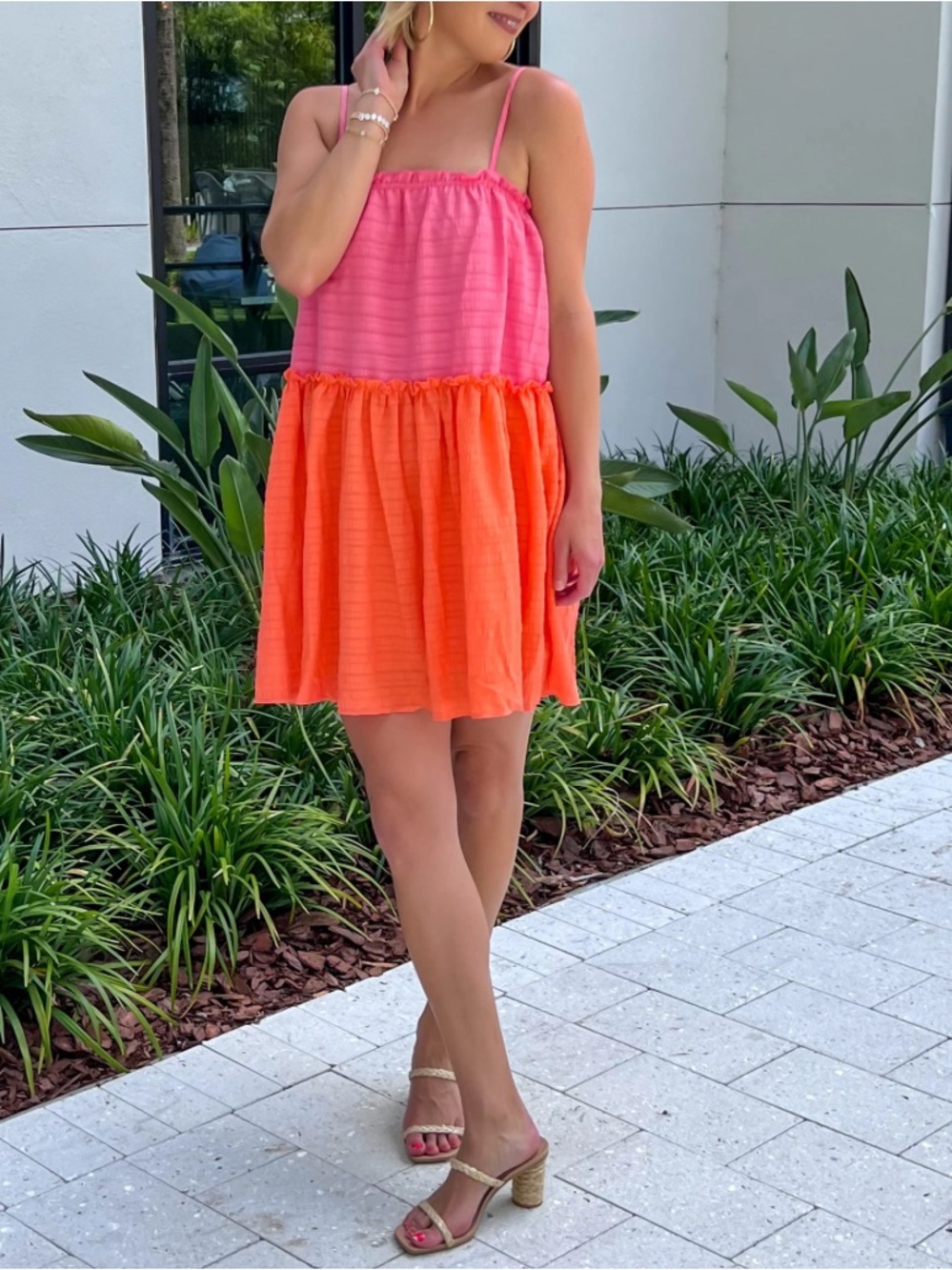 FRANCO Pink and Orange Babydoll Mini Dress Spaghetti Straps Sleeveless Ruffles S